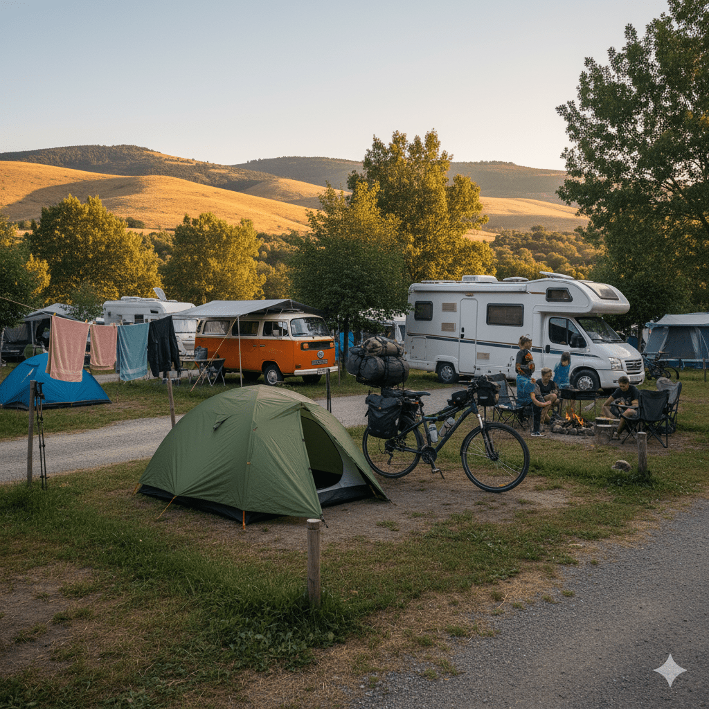 Un cicloturista acampado en un camping con la tienda recién montada y el equipo de bikepacking todavía en la bicicleta