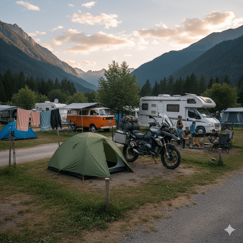 Una parcela de camping ocupada por una tienda de campaña individual y una moto con alforjas y demás equipo de viaje