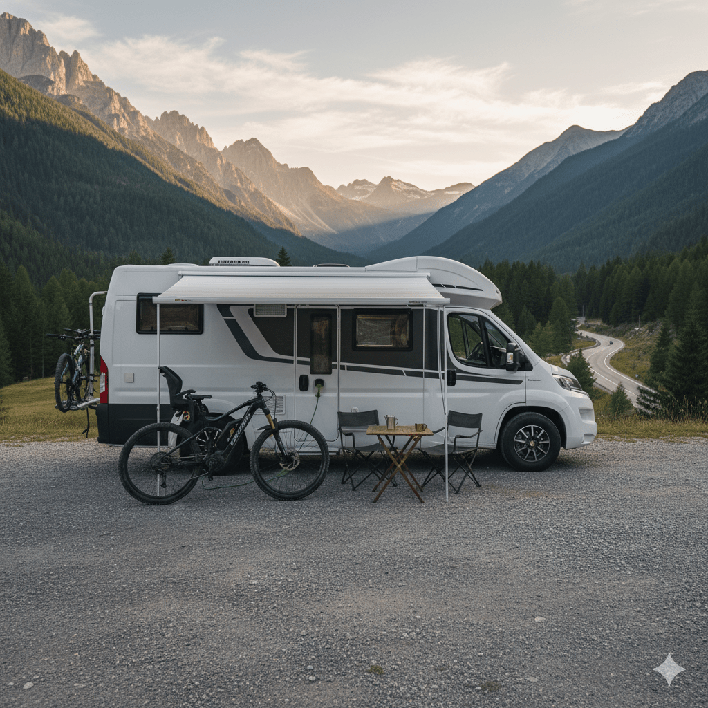Una autocaravana con el toldo desplegado en una zona de acampada en la montaña