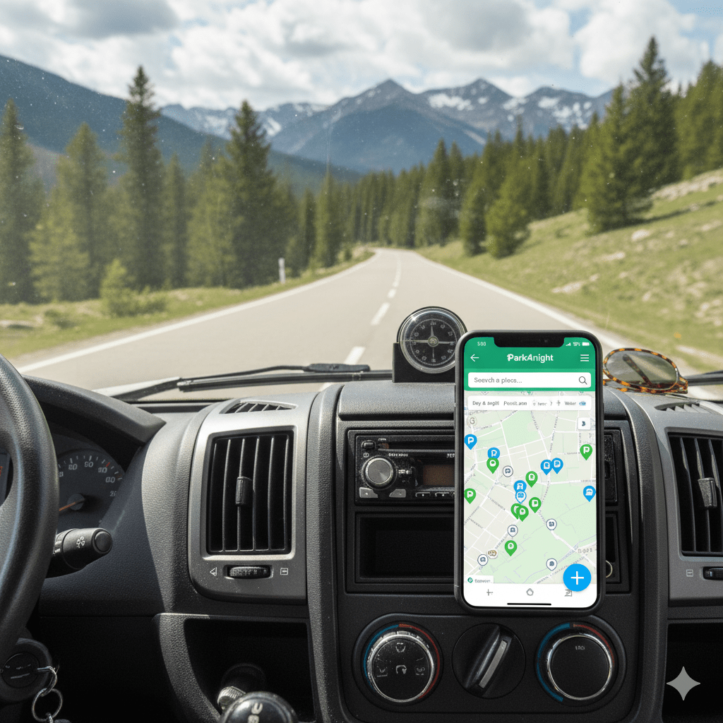 Imagen del salpicadero de una autocaravana mostrando una aplicación para encontrar sitio donde acampar