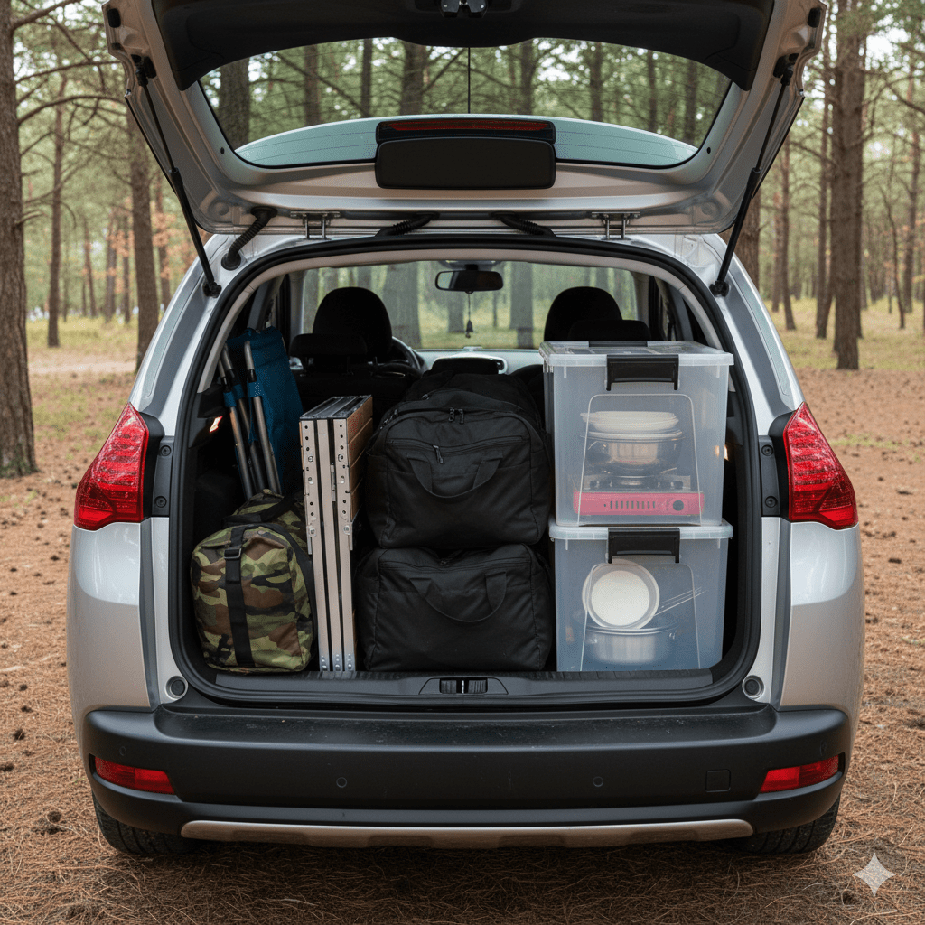 El maletero de un coche lleno de equipo para ir de camping