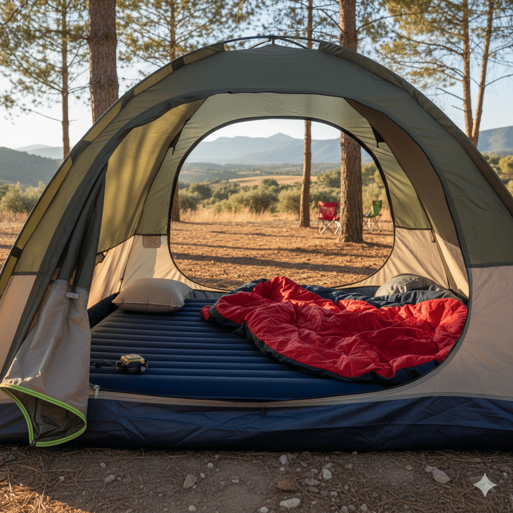 Una tienda de campaña familiar en un camping de interior de la península iberica
