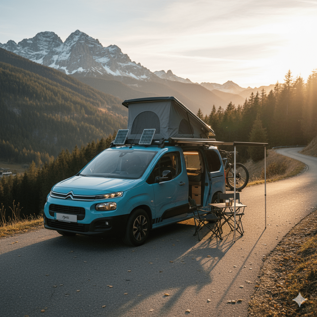 Una camper pequeña en una zona de montaña