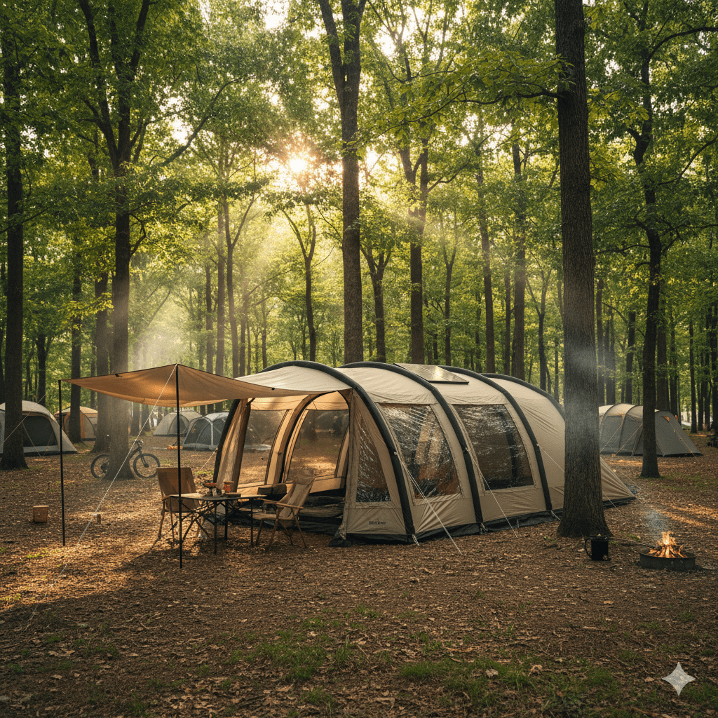 Una tienda de campaña familiar en una zona de acampada libre de un camping