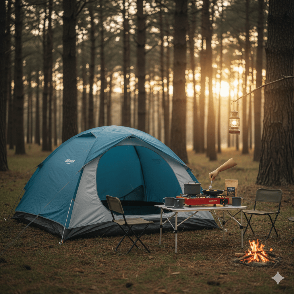 Una tienda de campaña tipo iglu, una mesa sobre la que se está cocinando y dos sillas en una zona de acampada