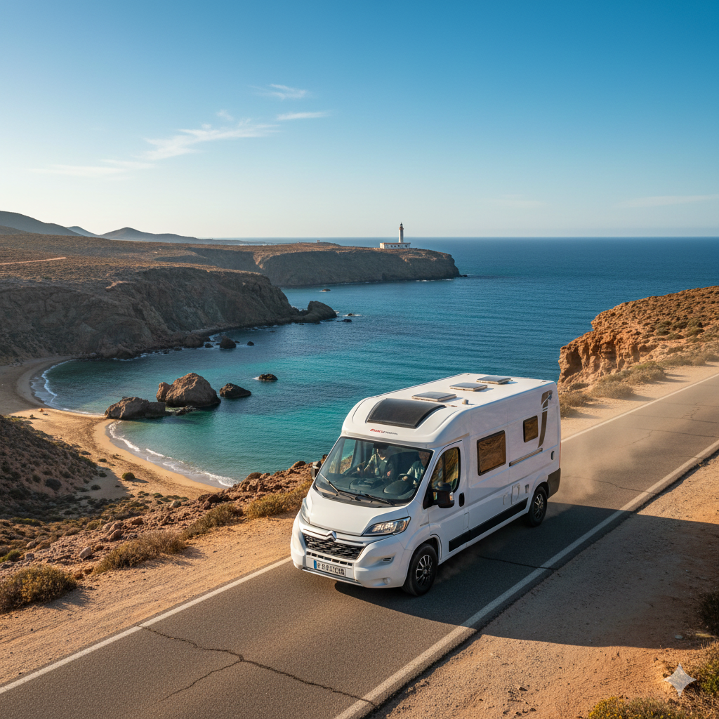 una camper gran volumen recorre una carretera cerca de la costa