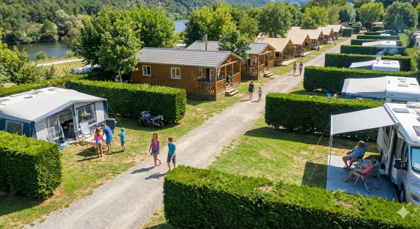 camping de montaña con las parcelas perfectamente definidas por setos